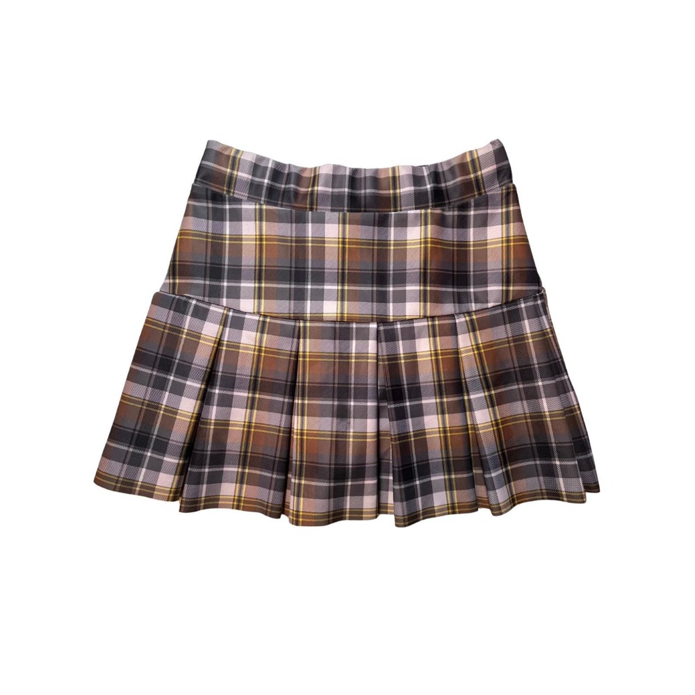 Vintage Y2K Plaid Mini‎ Skirt Skort M Brown Stretch School-girl Pleated Dollgirl